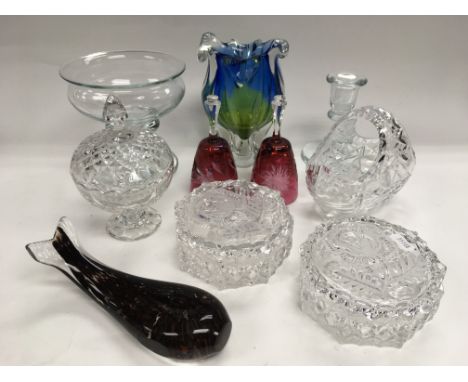 A collection of coloured and clear glass items including a Czech glass vase, a pair of hand bells, candlestick etc.