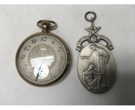 A gold plated Elgin button wind pocket watch and a silver medallion (weight approx 39g)