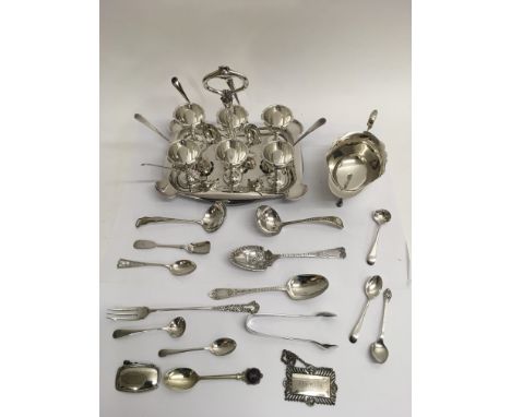 A silver plated Walker and Hall eggcup stand plus various plated and silver flatware