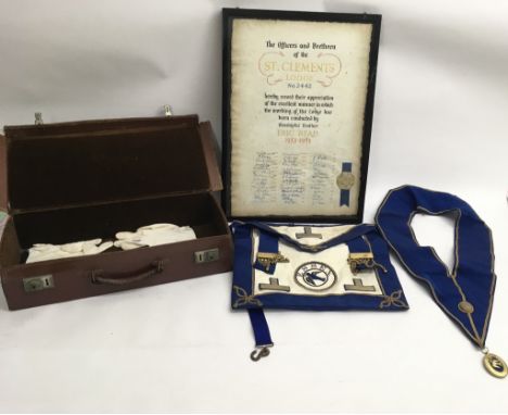 An Essex Masonic apron and sash plus a St.Clements Lodge framed certificate