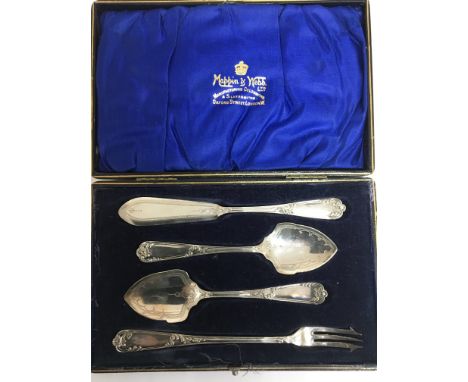 A cased mappin and Webb silver set comprising two preserve spoons a pickle fork and a butter knife
