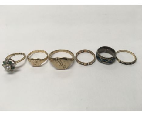 A collection of six rings, three being 9ct gold (total weight approx 4g). Sizes approx K, O, X, M, I & N.