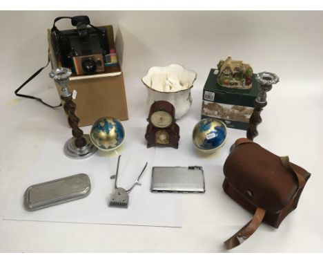 A box of odds including a Royal Albert Old Country Rose planter and Polaroid camera