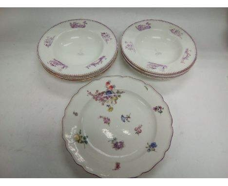 Six Royal Worcester soup bowls in Chippendale pattern and a painted porcelain plate (7).