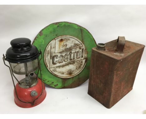 Metal Castrol sign, gallon petroleum can and Tilley lamp.