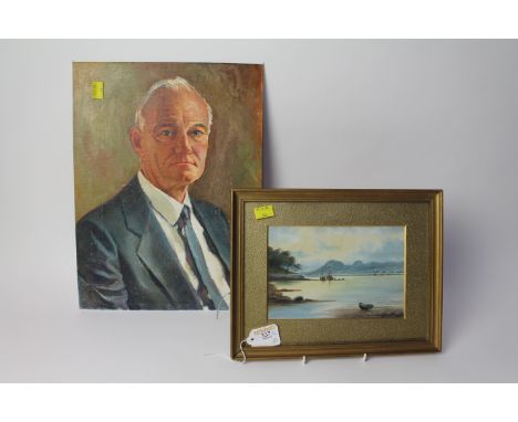 Gentleman portrait oil on board and seascape watercolour in mount and gilt frame
