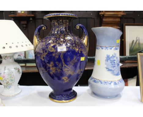 Early 20th century Myott Willow pattern water jug and blue vase with gilt decoration