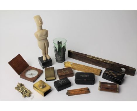 Wooden boxes, spirit level, ruler, snuffbox, Cornish pixie door knocker etc