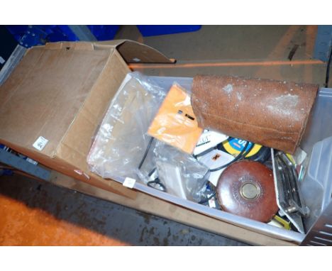 Box of mixed tools and a wallpaper steamer 