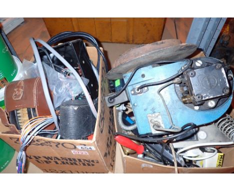 Two boxes of electrical components tools etc 