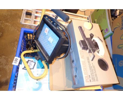 Box of electrical equipment to include LED worklight  CONDITION REPORT: All electrical items in this lot have been PAT tested