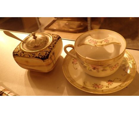 Noritake hand painted lidded sugar bowl and a Japanese hand painted moustache cup and saucer