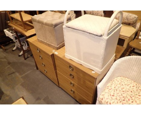 Two four drawer bedside cabinet Lloyd Loom basket and a pouffe 