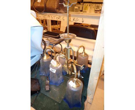 Brass three arm ceiling light and two one arm wall lights with matching shade 