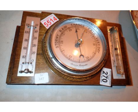 Oak mounted aneroid barometer thermometer 