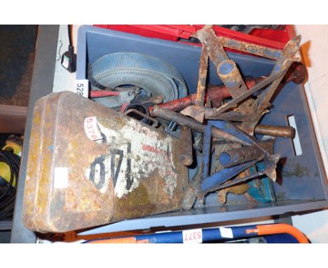 Box of engineering tools including axle stand and socket set 