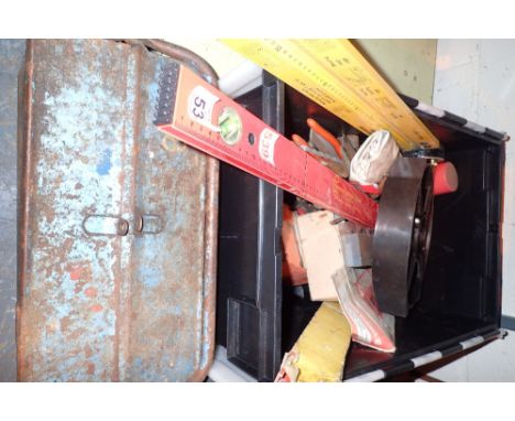 Box of engineering tools and a metal toolbox with spanner contents 