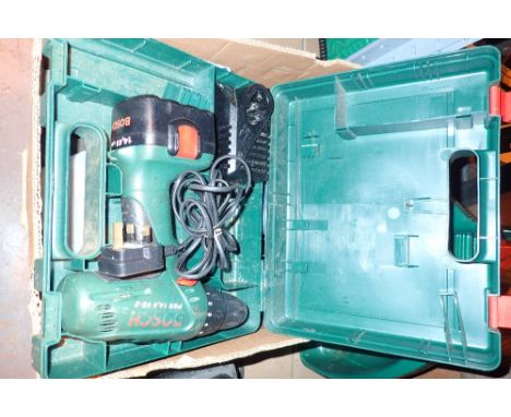 Box of tools to include Bosch drill and window furniture  CONDITION REPORT: All electrical items in this lot have been PAT te