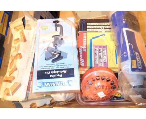 Box of general garage tools including drain blaster 