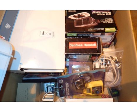 Box of mixed electrical items including infared thermometer waterproof camera and 3D virtual reality headset 