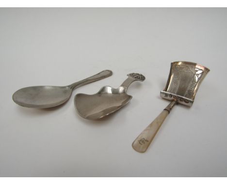 Three silver tea caddy spoons one with mother-of-pearl handle 