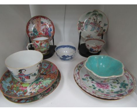 19th Century Oriental cups and saucers one with character marks to base (11) 