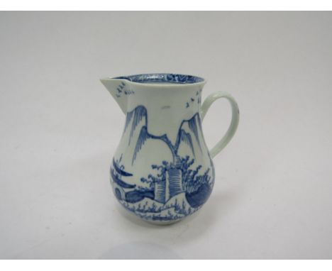 A Vauxhall cream jug c1755-1764 under glazed blue pagoda and willow trees on rocks fisherman in Sampan and birds/ducks. Hawti