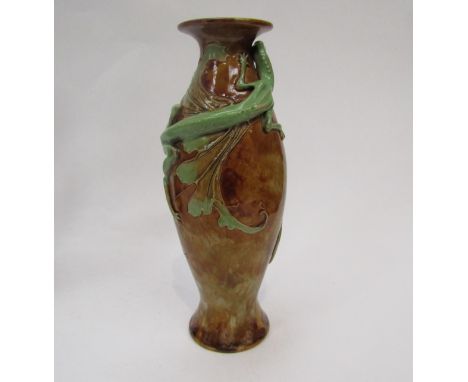 A Royal Doulton Mark V Marshall vase decorated with a bright green dragon in high relief on a brown/ochre ground, 22cm tall 