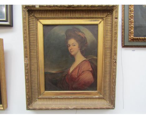 A 19th portrait of lady in ornate gilt frame, areas of damage present 52cm x 42cm 