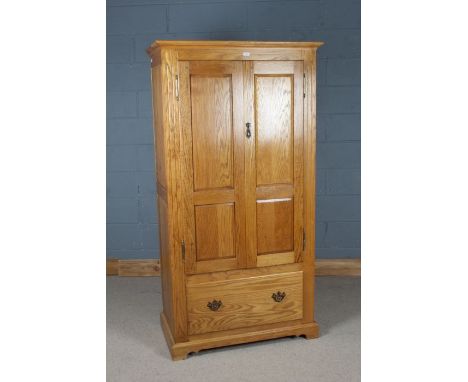 Light oak double wardrobe, fitted single drawer below, (with key but locked), 183cm tall x 96cm wide