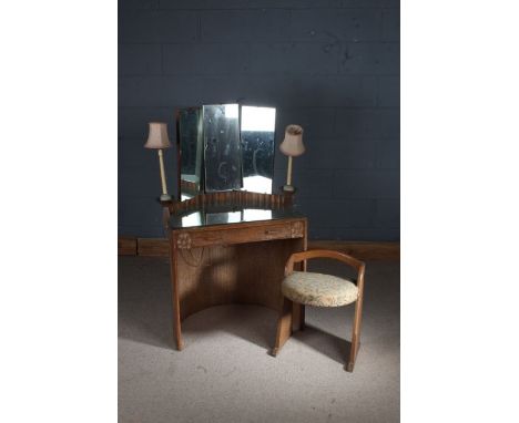 Art Deco limed oak dressing table, having three mirrors with a lamp either side, fitted single drawer, with matching stool, 7