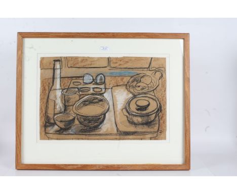 20th Century charcoal and chalk still life study depicting a tray with eggs, a bottle, cup, bowls etc. initialled B, housed i