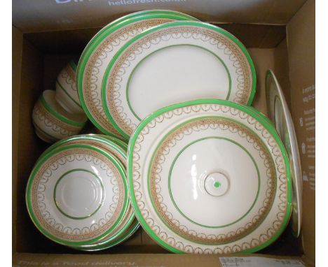 A box containing a quantity of Burleigh pottery dinner ware with green and gilt decoration