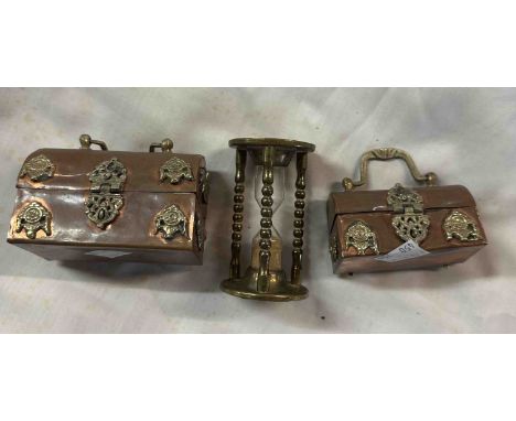 Two small vintage Oriental copper and brass casket style trinket boxes with dragon decoration and velvet lined interiors - so