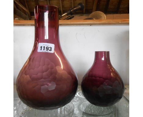 A large Caithness amethyst glass vase with frosted chip facet pattern decoration - sold with a smaller similar