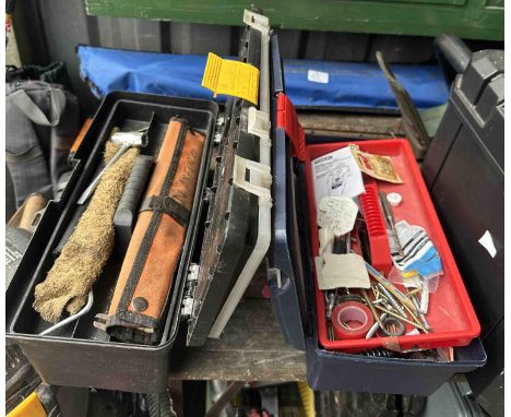 Two plastic toolboxes, one containing two chainsaw chains and a quantity of assorted tools, the other fuses and electrician's