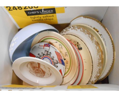 A box containing a quantity of ceramics including French and other plates, Copeland Spode sprig decorated bowl. etc.