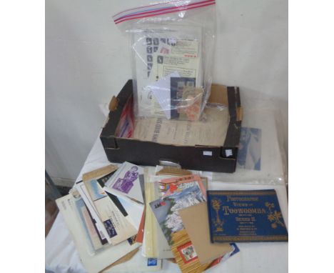 A box containing a quantity of late 19th Century and later stamps on sheets and envelopes, also other ephemera including thea