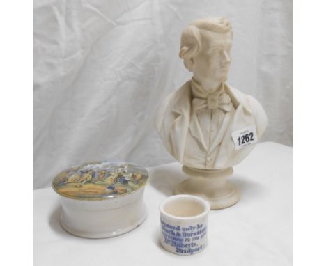 A 19th Century Kerr Worcester parian bust (a/f) - sold with a Prattware pot lid and base 'The Village Wedding' and a 'Poor Ma