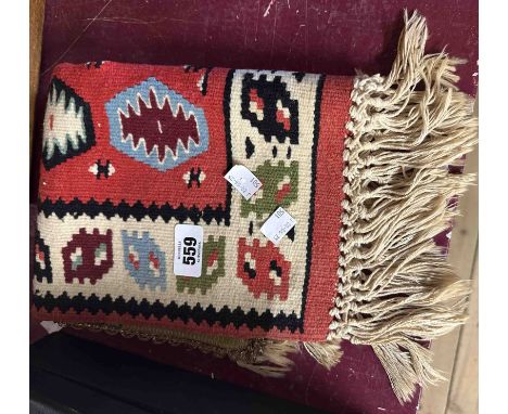 A small colourful woven Kilim mat - sold with a vintage Belgian embroidered panel