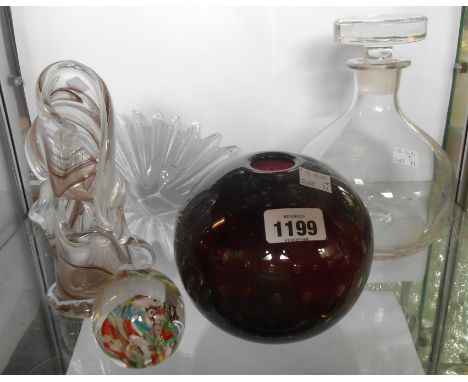 A small quantity of glassware comprising Dartington Glass decanter and bowl, internal controlled bubble decorated amethyst va