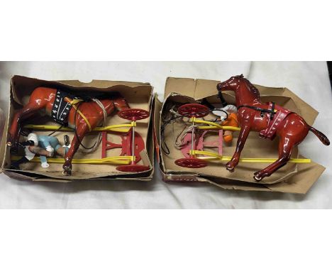 Two vintage Italian Sulky, Quercetti wind-up toy racehorse, rider and carriage toys