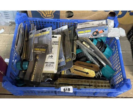 A crate containing three balance scales and a quantity of new drill bits, etc.