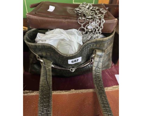 An Artigiano green leather handbag and a small brown handbag - sold with a metal horse snaffle style necklace and belt
