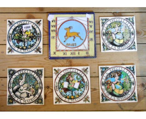 A set of five decorative Johnson Bros. ceramic tiles - sold with another tile with sundial and Aries decoration