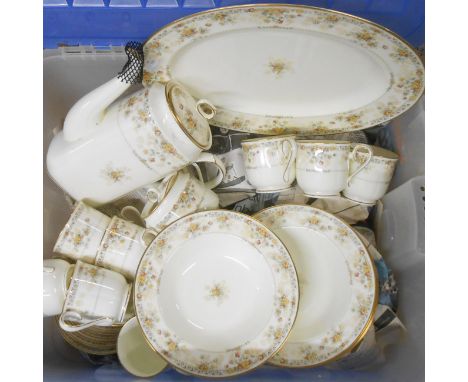 A crate containing a quantity of Noritake bone china tableware decorated in the 'Salisbury' pattern including coffee pot, cup