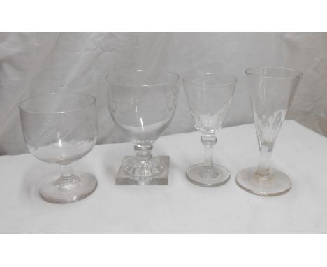 An early 19th Century rummer with lemon squeezer base and frieze engraved bowl - sold with a goblet of similar age with etche