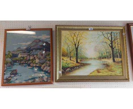 J. Back: an oil on canvas entitled 'Autumn' - signed - sold with a framed tapestry, depicting a harbour scene