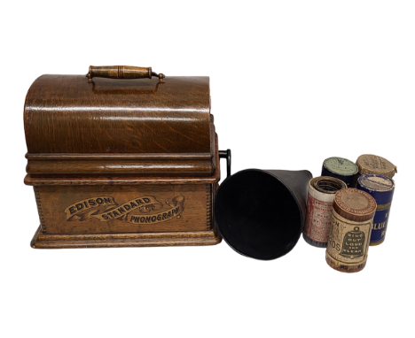 An Edison Standard phonograph in original case, with horn - sold with four boxed music cylinders