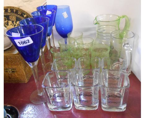 A quantity of glassware including six Jack Daniels whisky tumblers, an etched green glass lemonade set comprising a jug and s